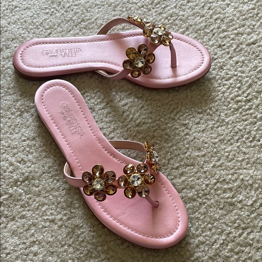 Giambattista Valli Pink Sandals with Crystal Flowers, Size 38 (7.5-8) NWT